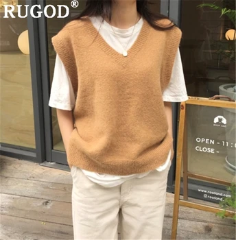 RUGOD Casual tricot fără mâneci vestă coreean chic V-neck solid moale pulovere femei 2019 Moda auturm roz pulovere topuri