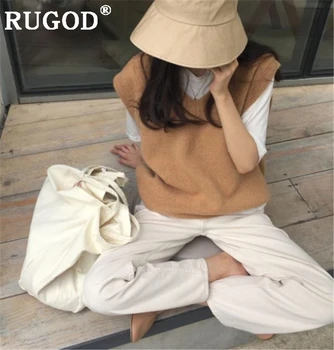 RUGOD Casual tricot fără mâneci vestă coreean chic V-neck solid moale pulovere femei 2019 Moda auturm roz pulovere topuri