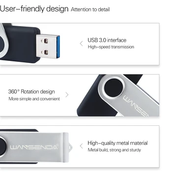 WANSENDA Metal USB Flash Drive OTG USB3.0 & Micro usb Pen Drive de 128GB, 256GB 64GB 32GB Pendrive 2 IN 1 Micro USB Memory Stick