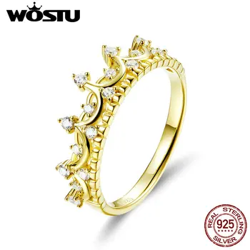 WOSTU Real Argint 925 Culoare de Aur Regina Coroana Inel Placat cu Degetul Pentru Femei de Nunta Inele de Logodna 925 Bijuterii CQR493