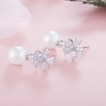YANMEI Imitații de Perle Și Flori Cercei Stud Pentru Femei Cristal CZ Elegant Coreea Cercel Moda Bijuterii YME8021