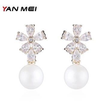 YANMEI Imitații de Perle Și Flori Cercei Stud Pentru Femei Cristal CZ Elegant Coreea Cercel Moda Bijuterii YME8021