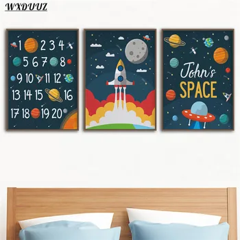 Astronaut Litere Numere Personalizate Nume De Desen Animat Pictura Art Decor Acasă Imagine Panza De Calitate Poster Pepinieră Camera Pentru Copii Decor De Perete