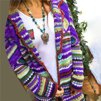 Toamna Pulover Femei, Cu Maneci Lungi Mozaic Tricotate Deschisă Față De Curcubeu Cu Dungi Cardigan Femei Haina Sueter Mujer Invierno