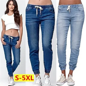 Toamna, Plus Dimensiunea Moda Dantelă-up Blugi Femei Pantaloni din Denim Elastic Talie Casual se Potrivesc Vrac Jean Pantaloni Lungi Doamnelor de Mari Dimensiuni S-5XL