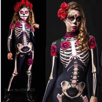 2020 Halloween Femei Cosplay Schelet Rose Print Salopeta Sexy Petrecere De Carnaval Performanta Copiii Diavolului Costume Înfricoșătoare