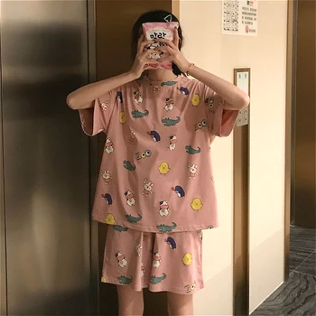 Pijama Seturi Pentru Femei De Vară Proaspete Kawaii Curcubeu Tipărite Ins Respirabil Femme Îmbrăcăminte De Noapte La Modă, Confortabil Liber Fete Pijamale
