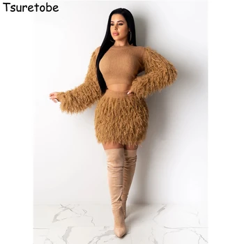 Tsuretobe Iarna Pluș Mozaic 2 Bucata Set De Moda Pentru Femei Cu Maneca Lunga Pulover Și Pantaloni Scurți De Înaltă Talie Costume Petrecere Ciucure Utilaje