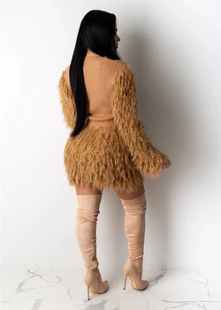 Tsuretobe Iarna Pluș Mozaic 2 Bucata Set De Moda Pentru Femei Cu Maneca Lunga Pulover Și Pantaloni Scurți De Înaltă Talie Costume Petrecere Ciucure Utilaje