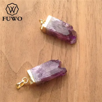 FUWO Naturale Ametist Pătrat Coloana Pandantiv Aur de 24k prin Galvanizare Violet de Cuarț de Cristal Fatetate Pepită de Bijuterii en-Gros PD141