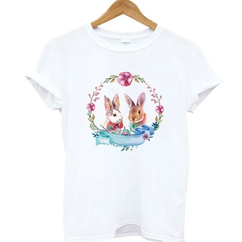 Lus Los Kawaii Iepure Tricou floare de Imprimare tricou Femei din Bumbac Casual tricou Fata Top Tee Hipster de Vară Drăguț T-shirt