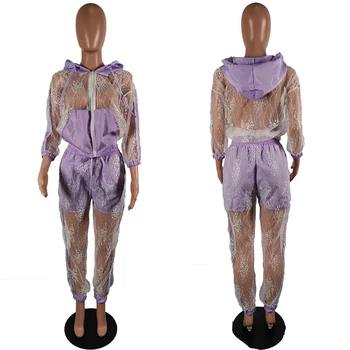 Dantela Sexy 2 Bucata Set pentru Femei cu Gluga Trening Două Bucata Set Top si Pantaloni Sudoare Costume de dama Club Haine Casual Seturi de Potrivire
