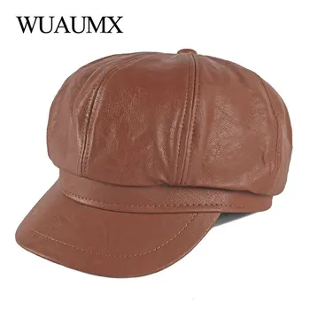 Wuaumx Solide din Piele PU Octogonal Pălării Pentru Femei Toamna Iarna vânzător de ziare Capace de sex Feminin Artist Pictor Capace Casual Viziere chapeau