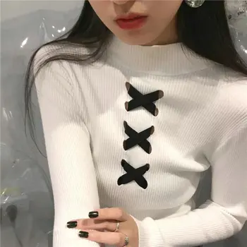 2021 Primăvară de Moda Tricotate Pulover Slim Fit Guler Negru de Bază Subțire Femei pulovere și Pulovere Stil coreean