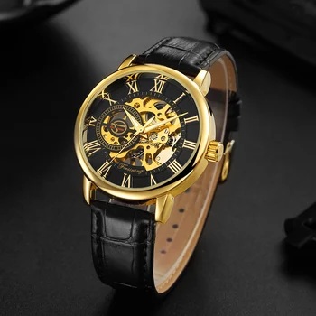 Forsining Brand de Lux Ceasuri Barbati 3D Design Cadran Gol Ceas de Aur pentru Bărbați din Piele cuarț Ceas Relogio Masculino