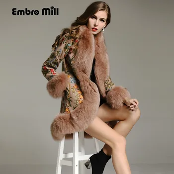 High-end de iarna paltoane femei de epocă Elegant Florale de lână broderie vrac doamna Crăciun Fox păr palton feminin M-XXL