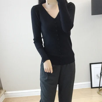 Femeile cad pulovere cu mâneci lungi v-neck fals buton elegant pulover solid sexy slim cald tricotaje bluza