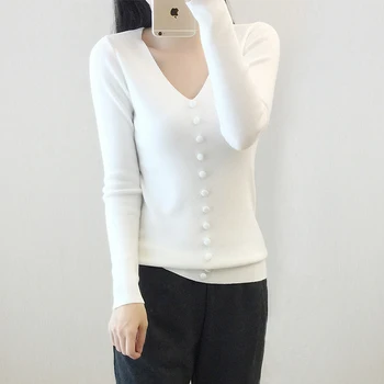 Femeile cad pulovere cu mâneci lungi v-neck fals buton elegant pulover solid sexy slim cald tricotaje bluza
