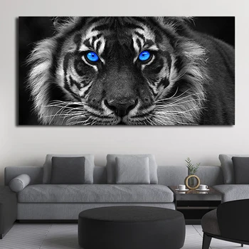 Arta de perete Alb-Negru Imagine de Animale Poster si Tiparituri Tigru Cu Ochi Albaștri Panza Pictura opera de Arta pentru Living Decor Acasă