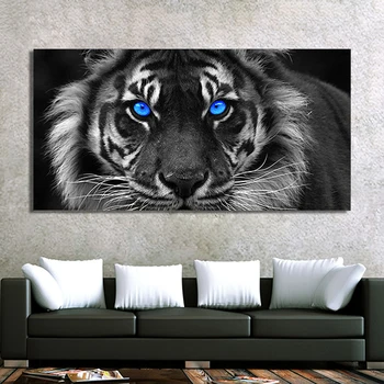Arta de perete Alb-Negru Imagine de Animale Poster si Tiparituri Tigru Cu Ochi Albaștri Panza Pictura opera de Arta pentru Living Decor Acasă