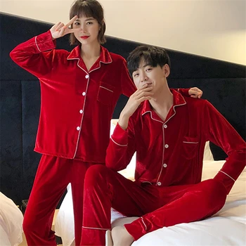 Cuplu de Catifea Pijamale Pijama de Iarna V-neck Femei Gros Plus Dimensiune Serviciu Acasă Sleepwear Două Bucata Costum de Culoare Solidă Maneca Lunga