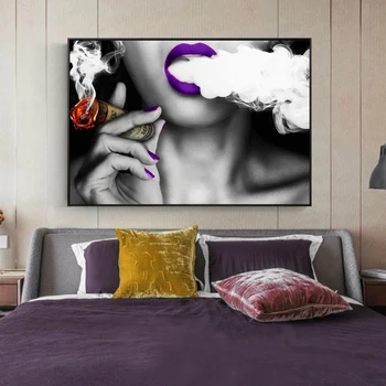 Sexy Fată Purpuriu Panza Picturi Pe Perete Postere Si Printuri Fata Fumat Un Trabuc Poze De Perete Pentru Camera De Zi Cuadros