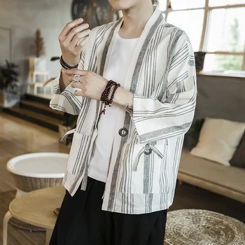 2021 Vara Dungă Mozaic Kimono Jacket Streetwear Canadiană Panglici Cardigan Lenjerie De Pat Din Bumbac Sacou Deschis Ochi Strat De Sex Masculin